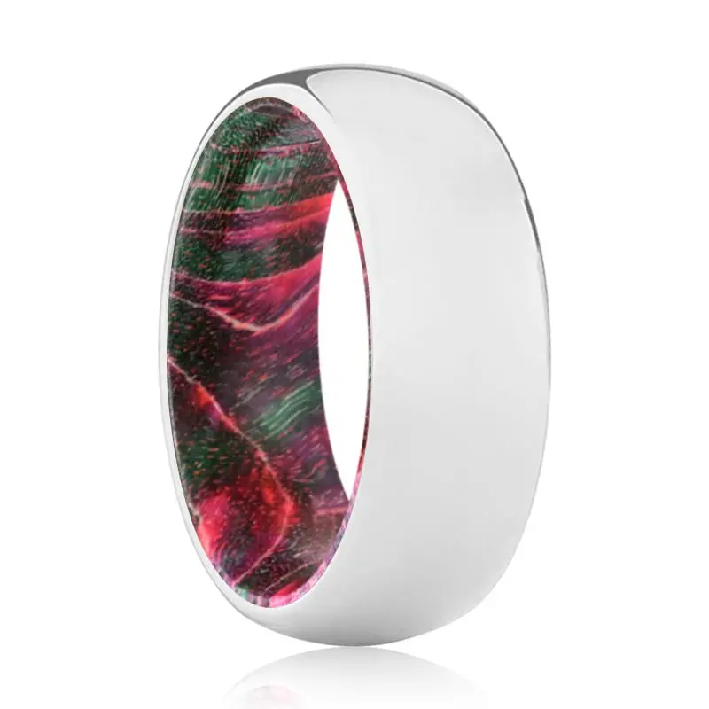 Serenity | Green & Red Wood, Silver Tungsten Ring, Shiny, Domed 1