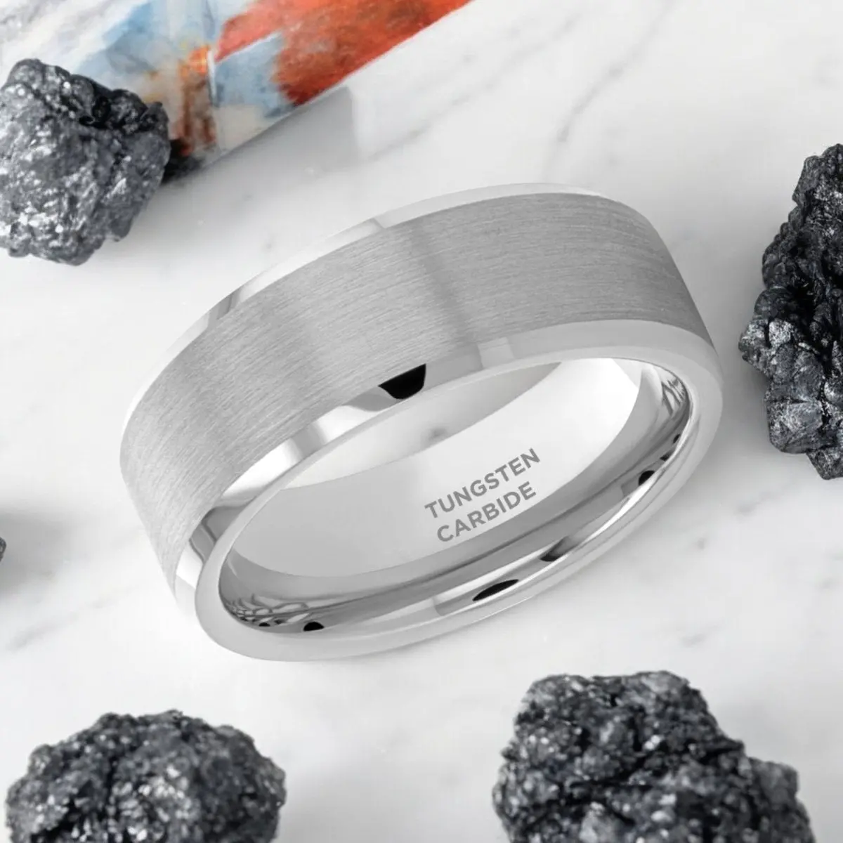 Sheffield | Silver Tungsten Ring, Brushed Center, Beveled 2