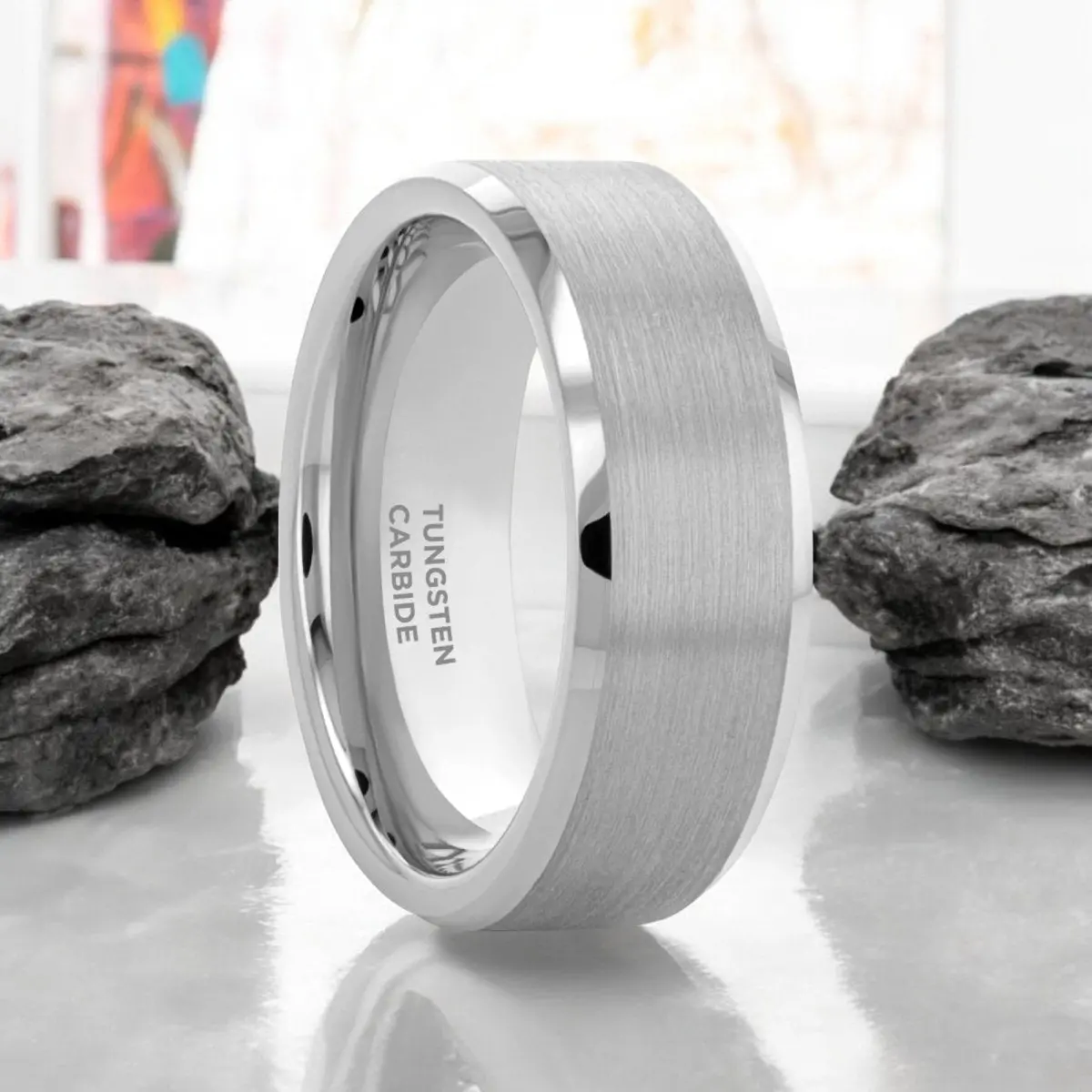 Sheffield | Silver Tungsten Ring, Brushed Center, Beveled 1