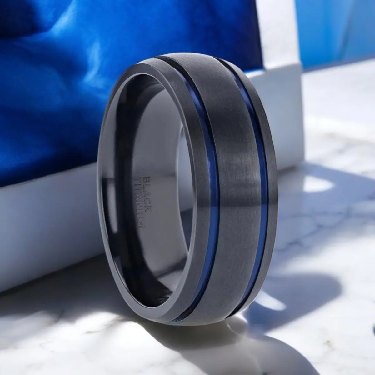 Sheriff | Black Titanium Ring, Two Blue Grooves, Domed 1