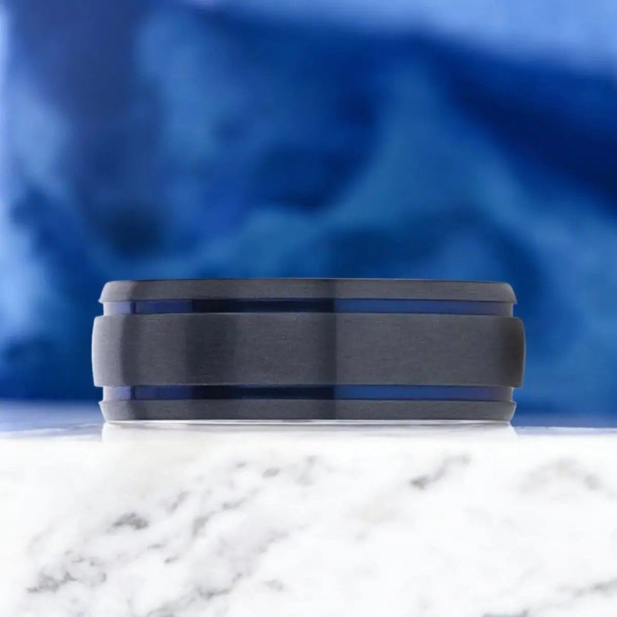 Sheriff | Black Titanium Ring, Two Blue Grooves, Domed 3