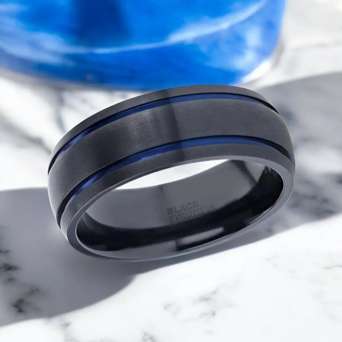 Sheriff | Black Titanium Ring, Two Blue Grooves, Domed 2
