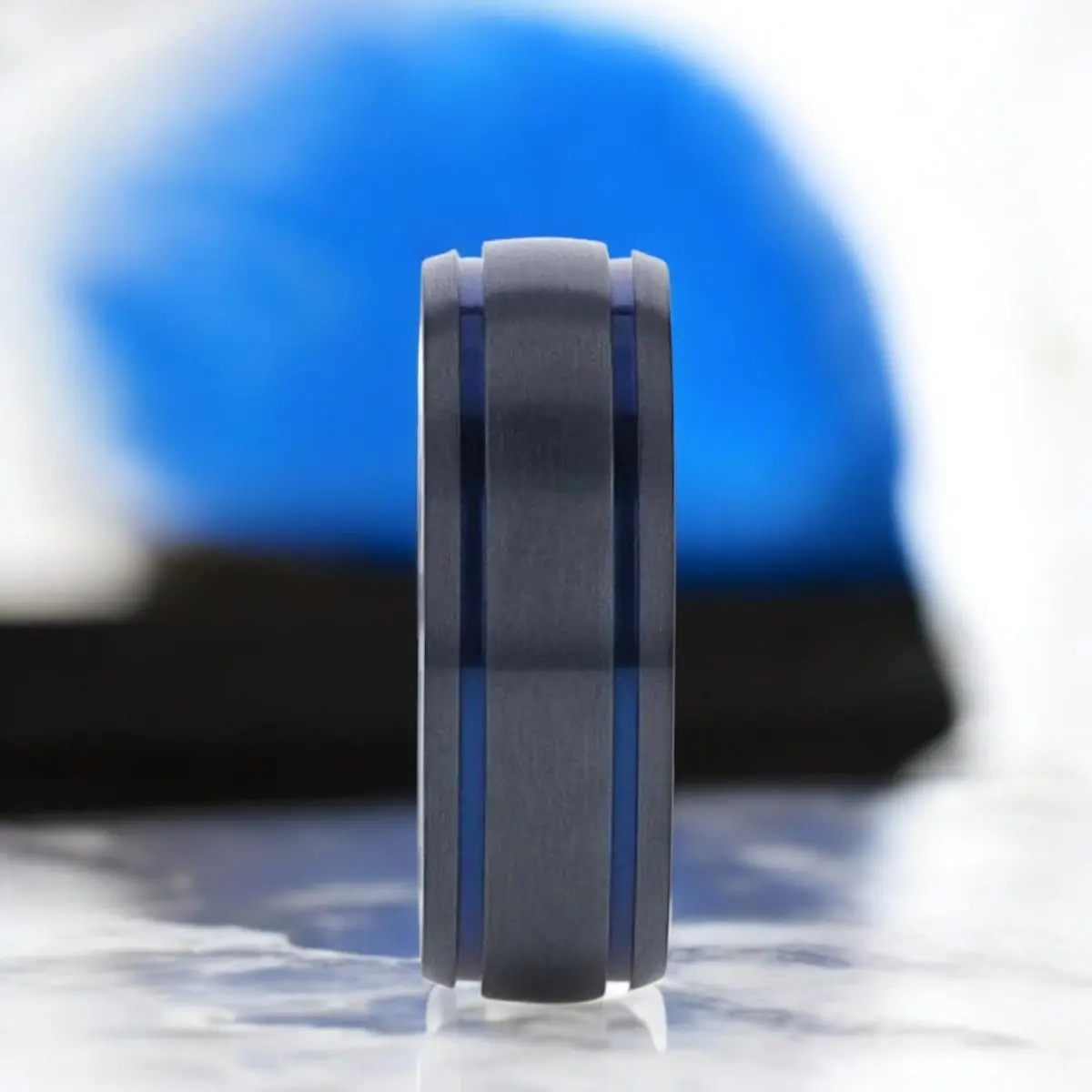 Sheriff | Black Titanium Ring, Two Blue Grooves, Domed 4