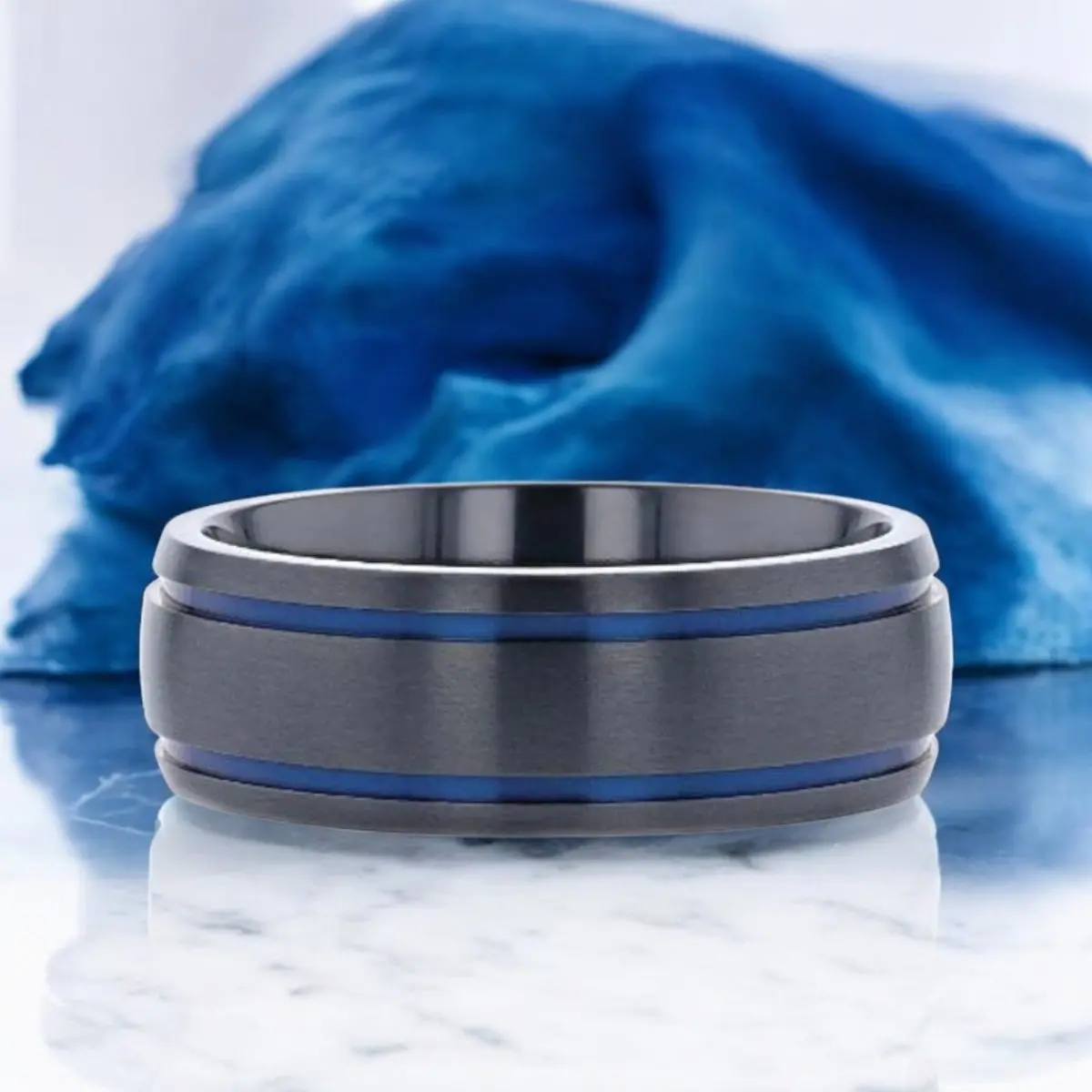 Sheriff | Black Titanium Ring, Two Blue Grooves, Domed 5