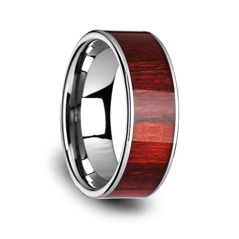 Sherwood | Silver Tungsten Ring, Brazilian Rose Wood Inlay, Flat 1