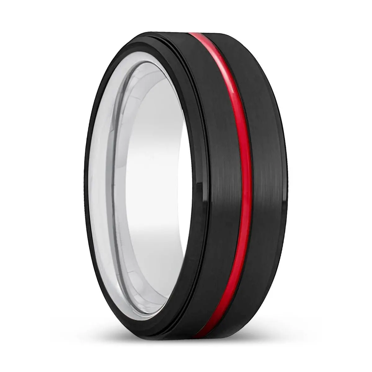 Shorty | Silver Ring, Black Tungsten Ring, Red Groove, Stepped Edge 1