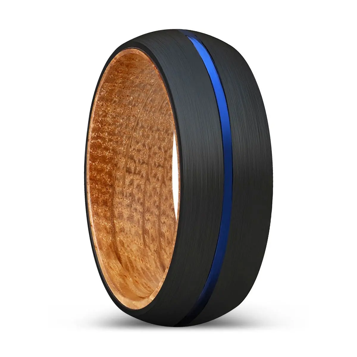 Siggie | Whiskey Barrel Wood, Black Tungsten Ring, Blue Groove, Domed 1