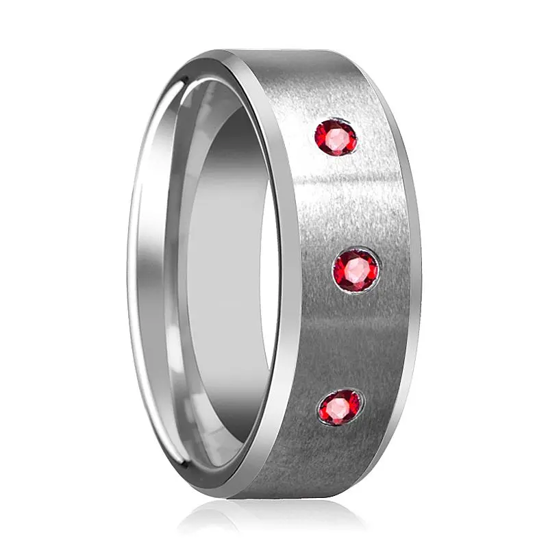 Silver Brushed Satin Finish Men's Tungsten Wedding Band With 3 Red Ruby In Center And Bevels - 8Mm 1