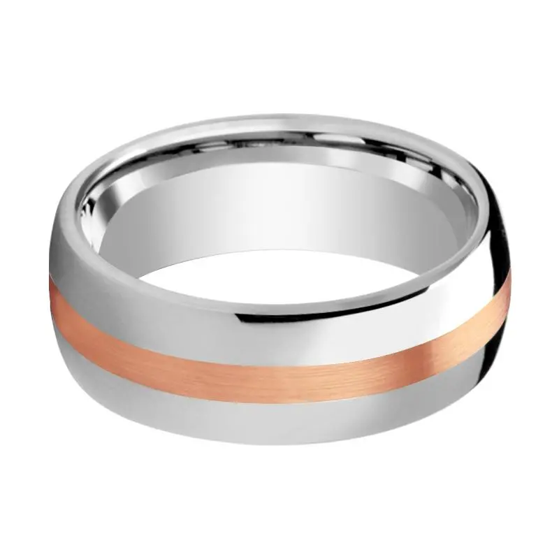 Alpheus | Silver Tungsten Ring, 14K Rose Gold Stripe, Domed 2