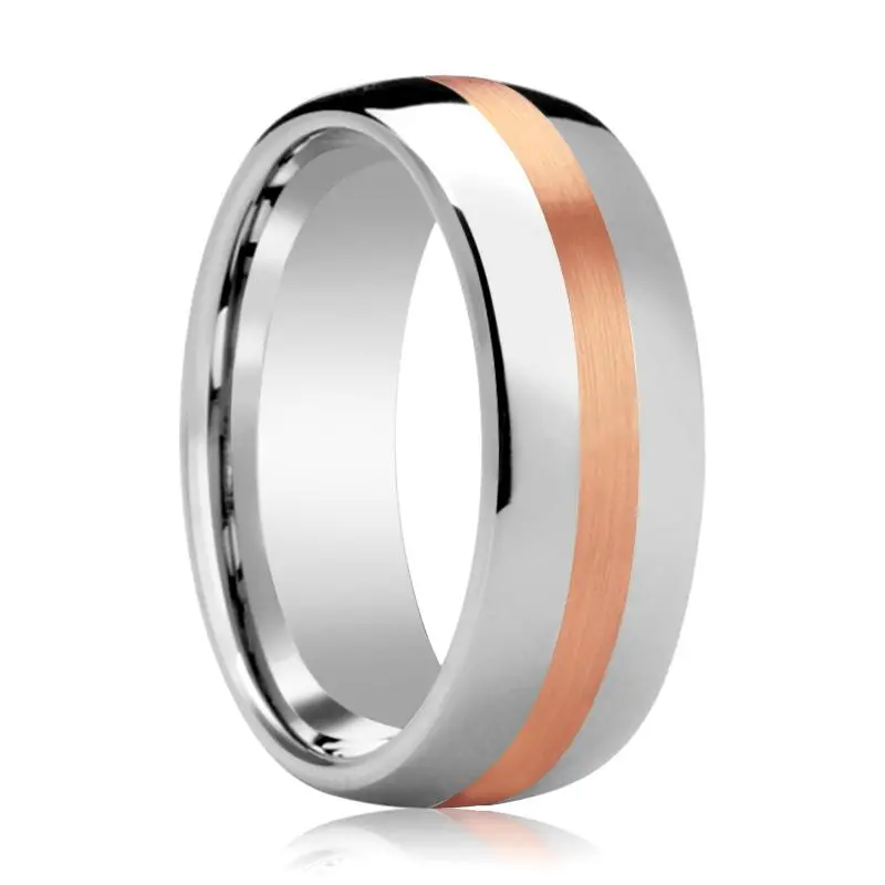 Alpheus | Silver Tungsten Ring, 14K Rose Gold Stripe, Domed 1