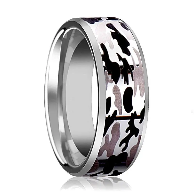 Silver Polished Men's Tungsten Wedding Band W/ Black And Gray Camo Inlay And Bevels - 8Mm 1