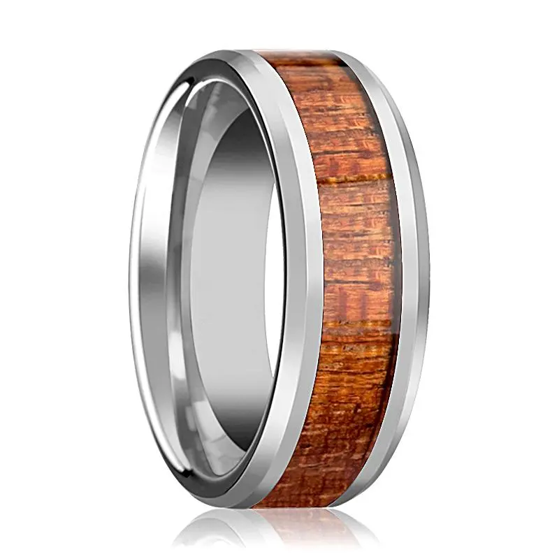 Khaya | Silver Tungsten Ring, Mahogany Hard Wood Inlay, Beveled 1