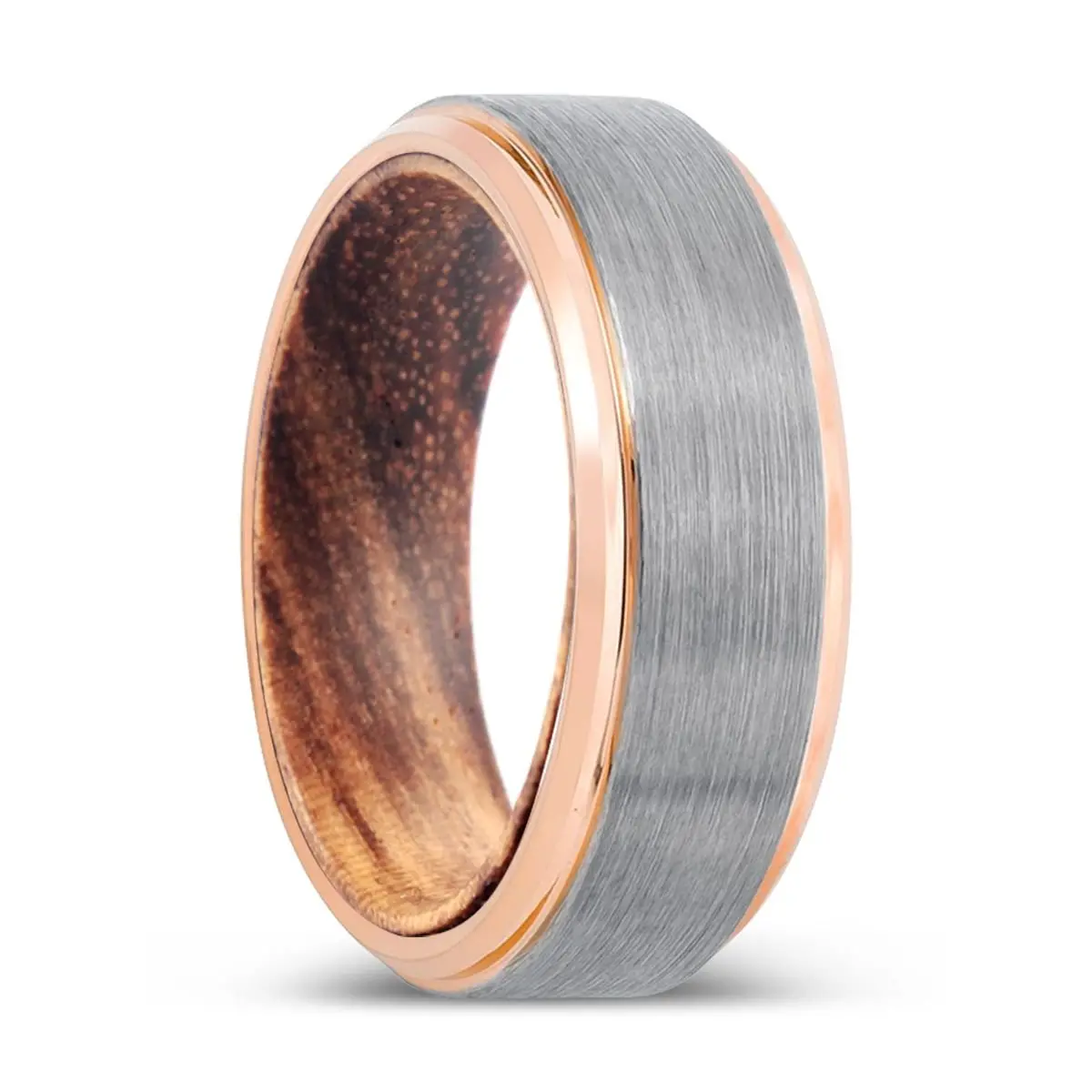 Skelt | Zebra Wood, Silver Tungsten Ring, Brushed, Rose Gold Stepped Edge 1