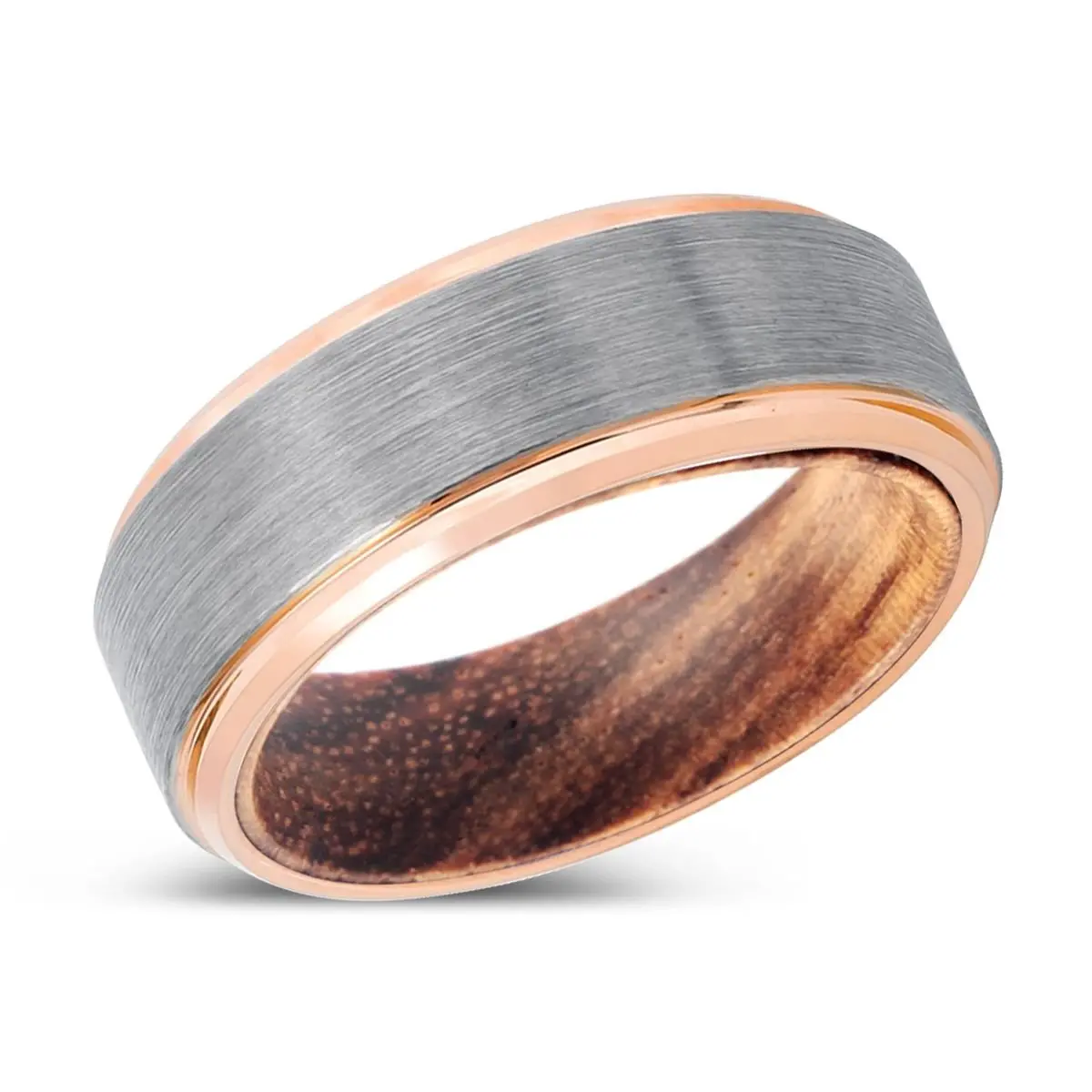 Skelt | Zebra Wood, Silver Tungsten Ring, Brushed, Rose Gold Stepped Edge 2