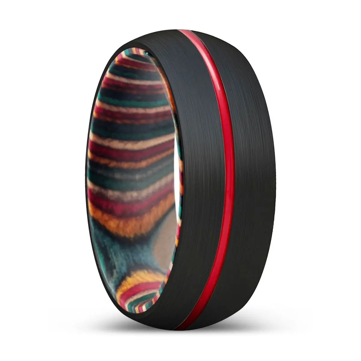 Skittle | Multi Color Wood, Black Tungsten Ring, Red Groove, Domed 1