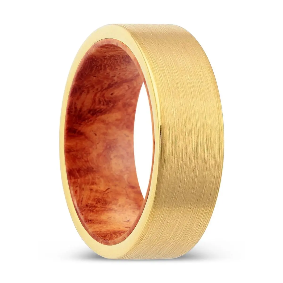 Skrix | Red Burl Wood, Gold Tungsten Ring, Brushed, Flat 1