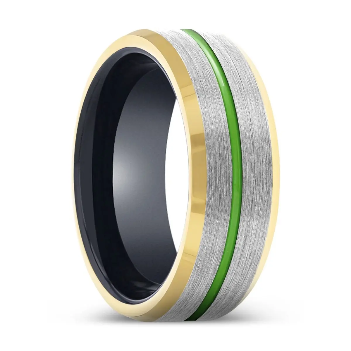 Skymage | Black Ring, Silver Tungsten Ring, Green Groove, Gold Beveled Edge 1