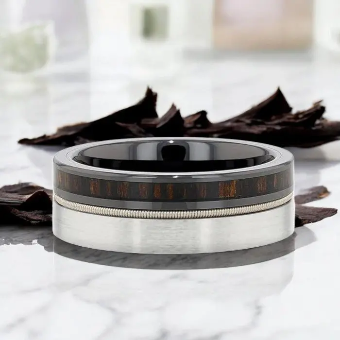 Slate | Tungsten And Black Ceramic Ring Hybrid, Guitar String, Ebony Wood Inlay 4