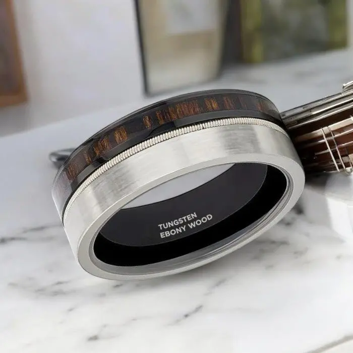 Slate | Tungsten And Black Ceramic Ring Hybrid, Guitar String, Ebony Wood Inlay 2