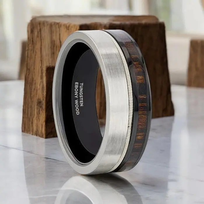 Slate | Tungsten And Black Ceramic Ring Hybrid, Guitar String, Ebony Wood Inlay 1