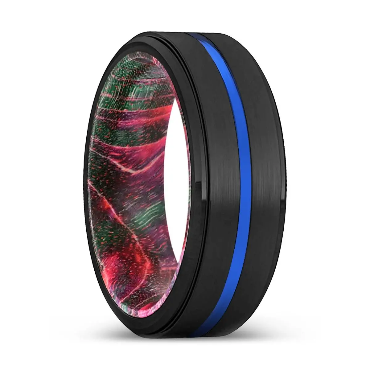 Smison | Green & Red Wood, Black Tungsten Ring, Blue Groove, Stepped Edge 1
