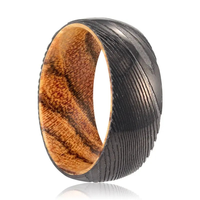 Smore | Bocote Wood, Gunmetal Damascus Steel Ring, Domed 1