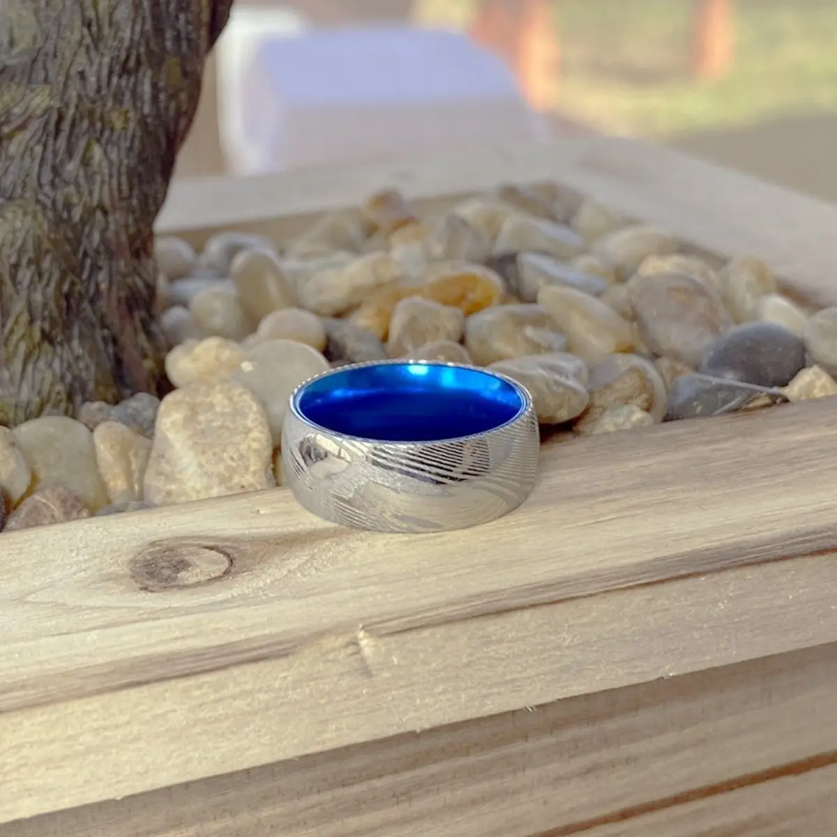 Smurf | Blue Ring, Silver Damascus Steel, Domed 7