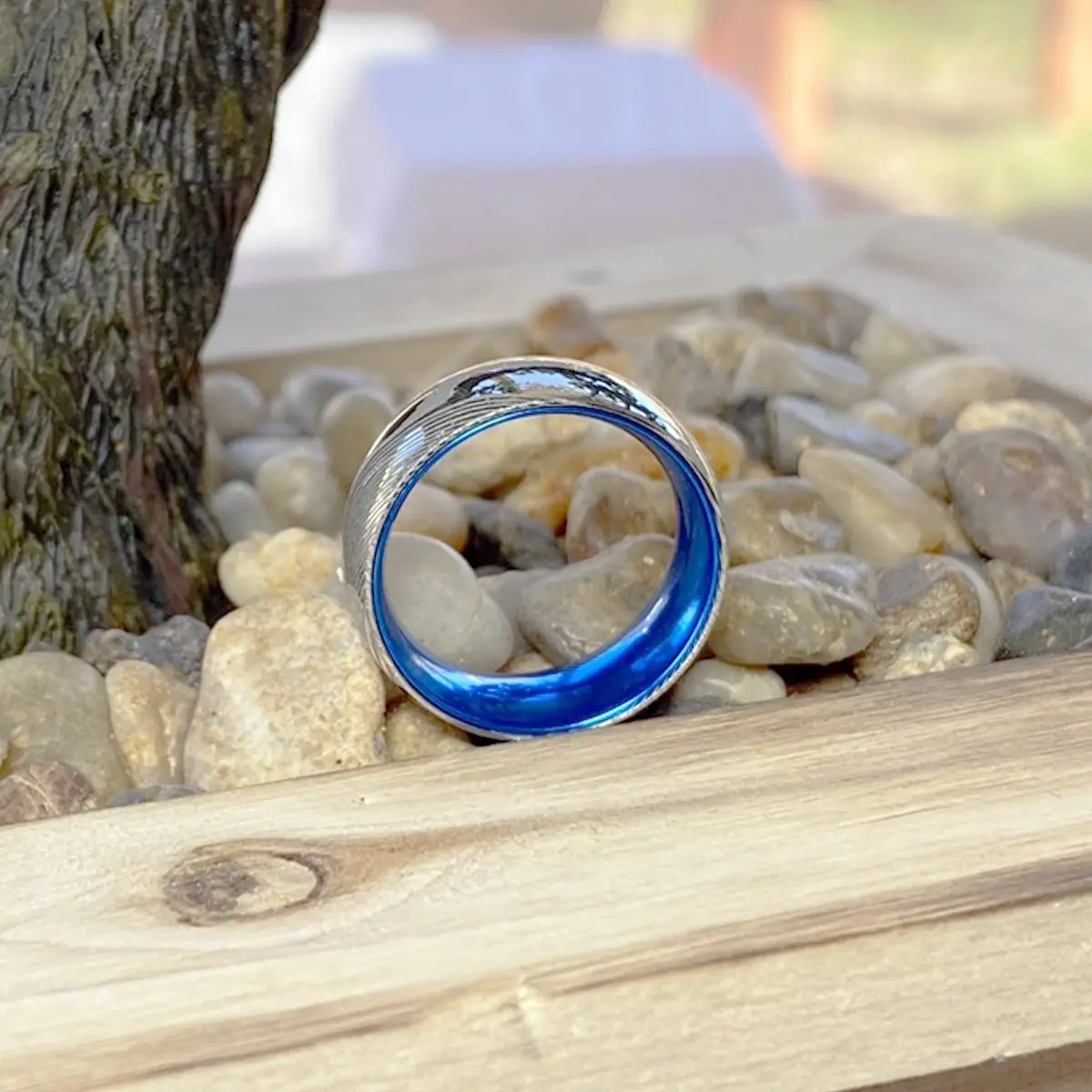 Smurf | Blue Ring, Silver Damascus Steel, Domed 6