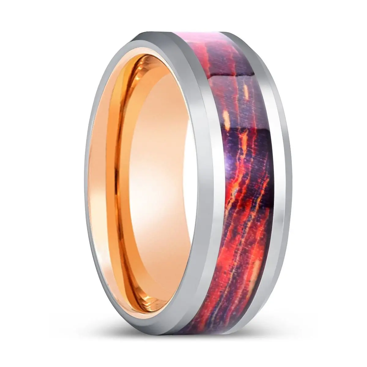 Solarion | Rose Gold Tungsten Ring, Galaxy Wood Inlay Ring, Silver Edges 1