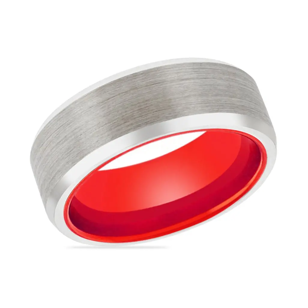Spark | Red Ring, Silver Tungsten Ring, Brushed, Beveled 2