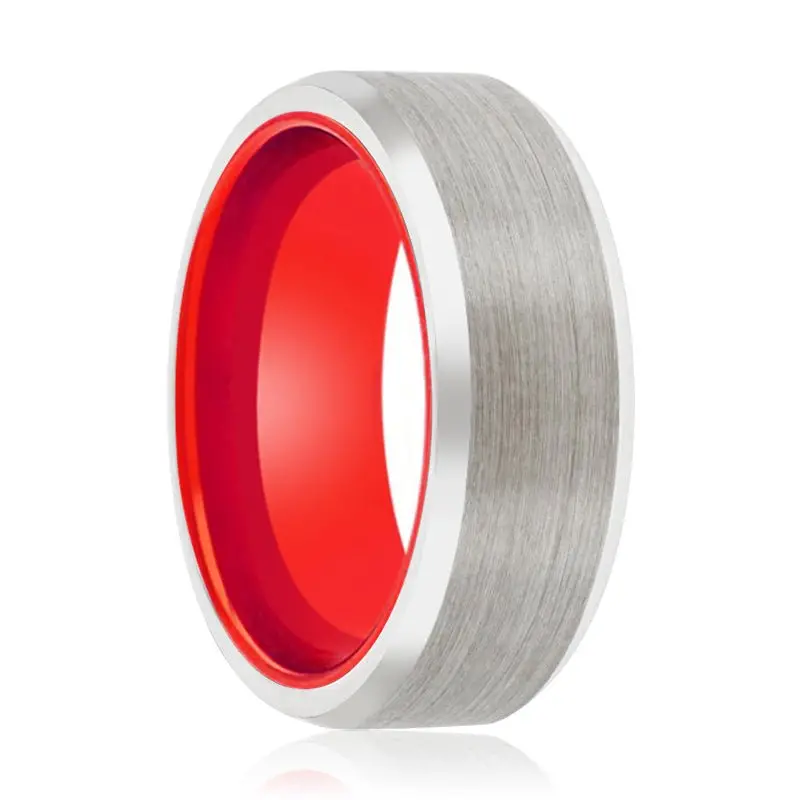 Spark | Red Ring, Silver Tungsten Ring, Brushed, Beveled 1