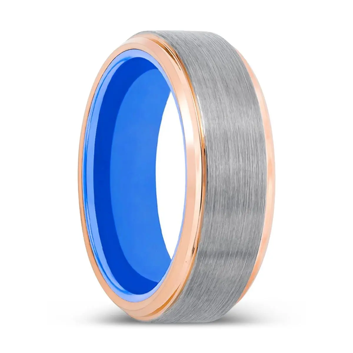 Sparrow | Blue Ring, Silver Tungsten Ring, Brushed, Rose Gold Stepped Edge 1
