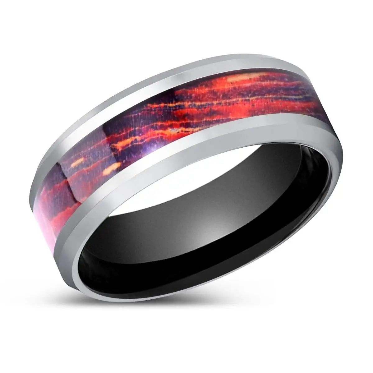Spectria | Black Ring, Silver Tungsten Ring, Galaxy Wood Inlay, Beveled 2