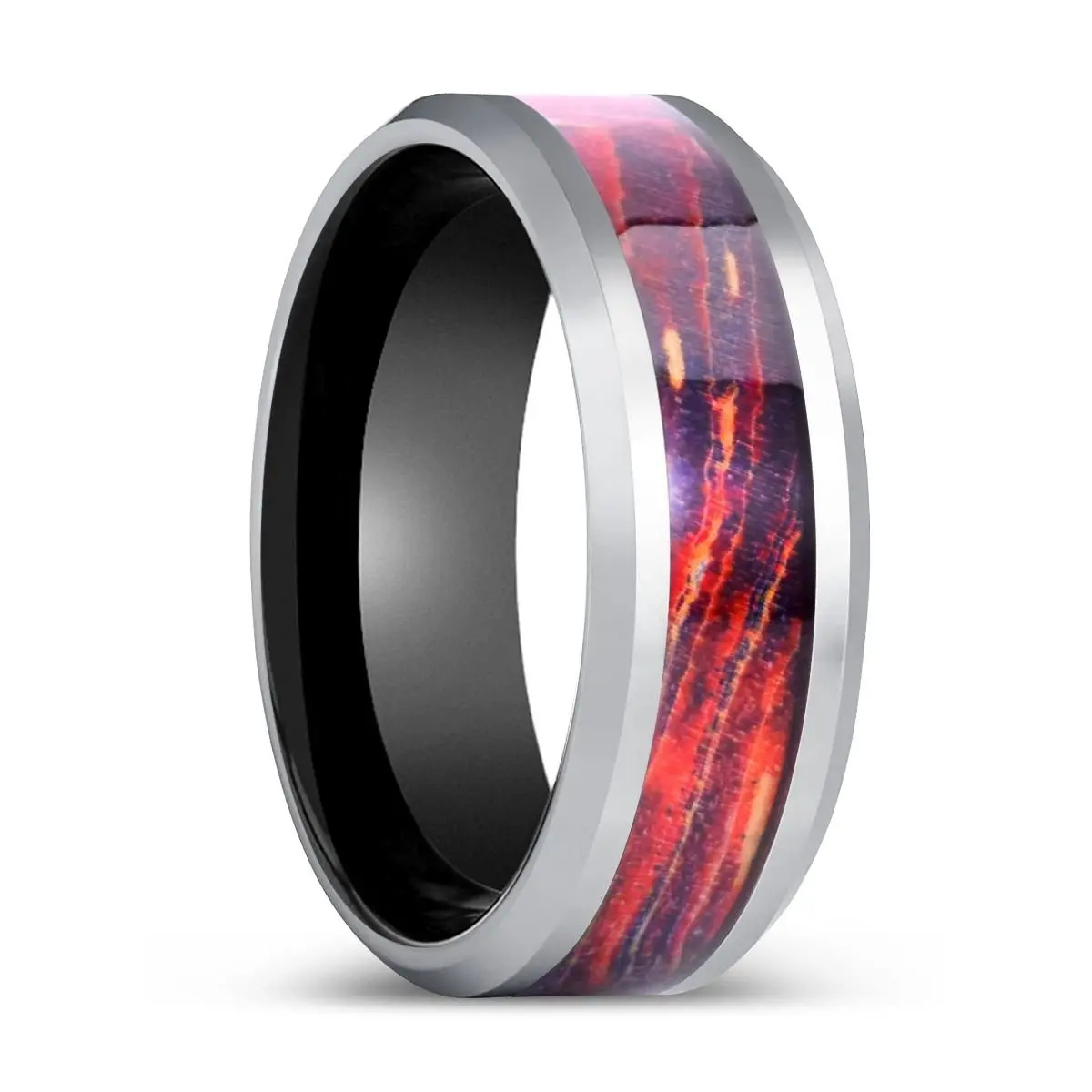 Spectria | Black Ring, Silver Tungsten Ring, Galaxy Wood Inlay, Beveled 1