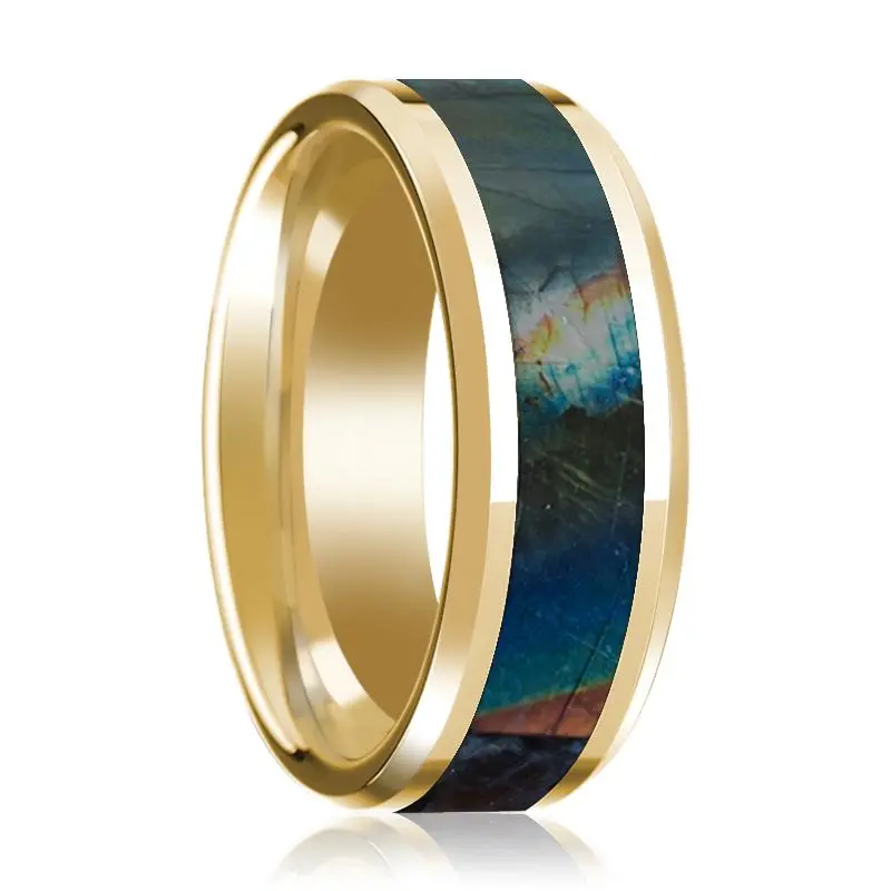 Spectrolite Inlaid Men's 14K Yellow Gold Polished Wedding Band With Beveled Edges - 8Mm 1