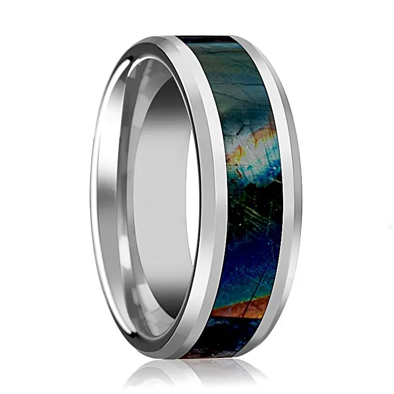 Spectrolite Inlaid Men's Tungsten Wedding Band With Beveled Edges & Polished Finish - 8Mm 1