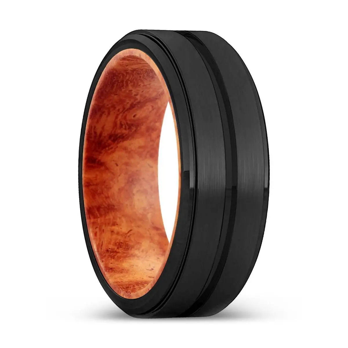 Spice | Red Burl Wood, Black Tungsten Ring, Grooved, Stepped Edge 1