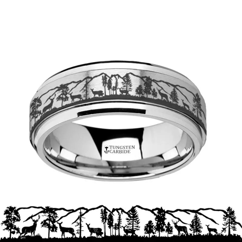 Spinning Engraved Animal Landscape Scene Roaming Deer Stag Men's Tungsten Wedding Band - 8Mm 1