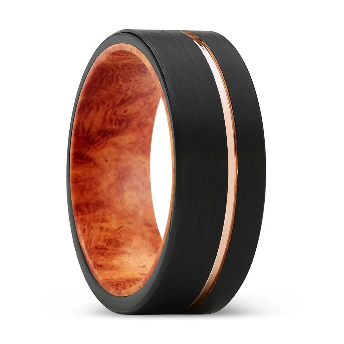 Spire | Red Burl Wood, Black Tungsten Ring, Rose Gold Offset Groove, Brushed, Flat 1