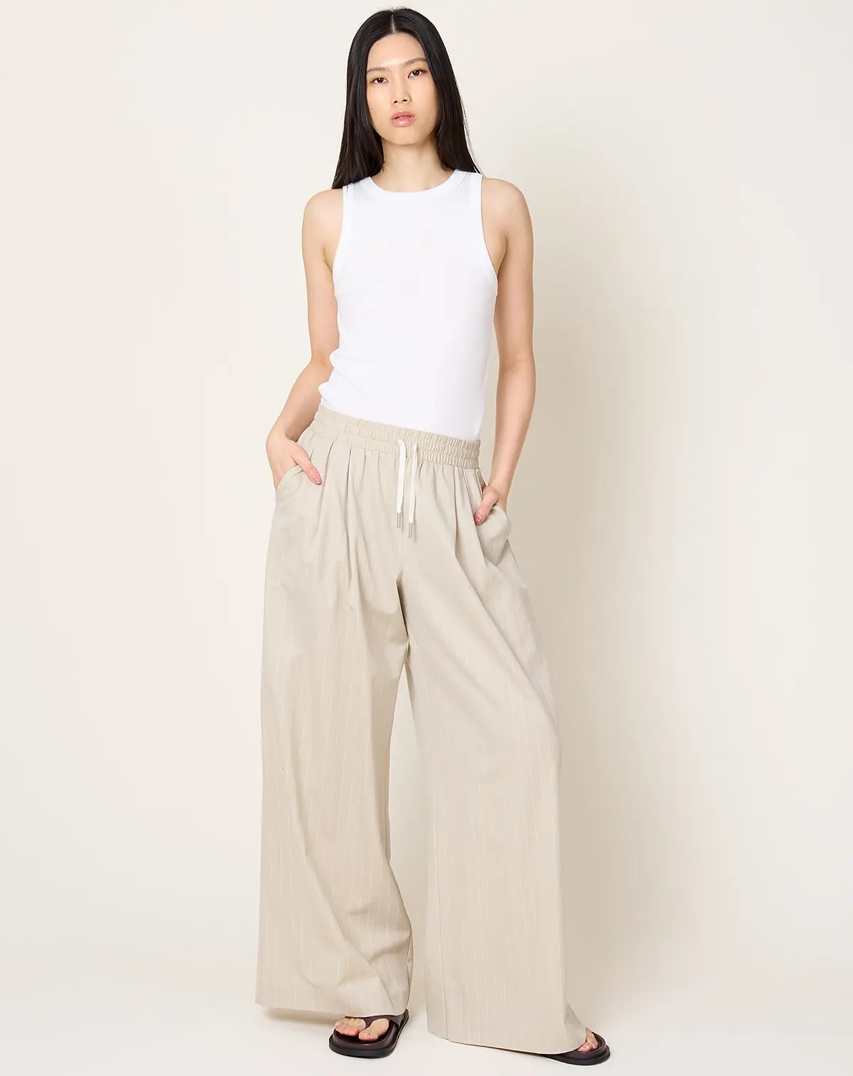Pinstripe Wool Drawstring Pants In Latte 1