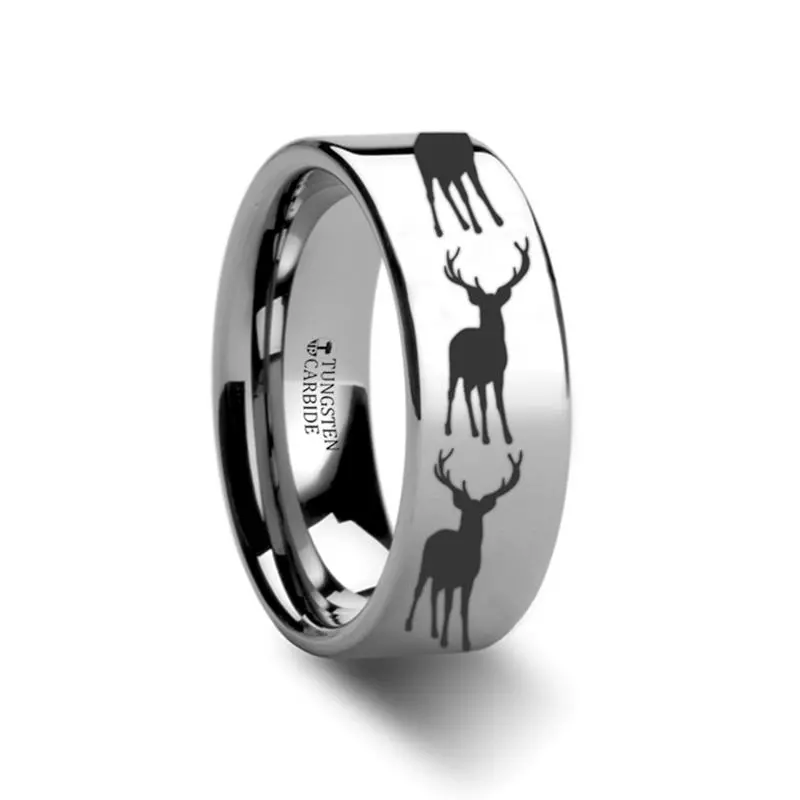 Stag Fawn Deer Elk Print Laser Engraved Animal Design Tungsten Couple Matching Ring - 4Mm - 12Mm 1
