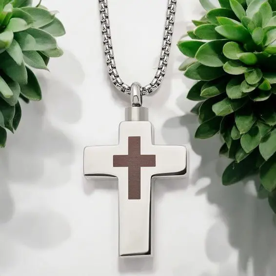 Stainless Steel Polished And Lasered Cross Ash Holder Necklace 1