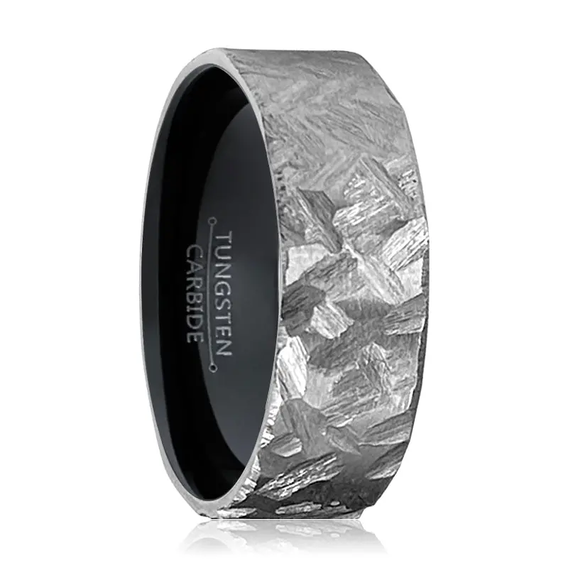 Stallion | Black Ring, Silver Titanium Ring, Hammered, Flat 1