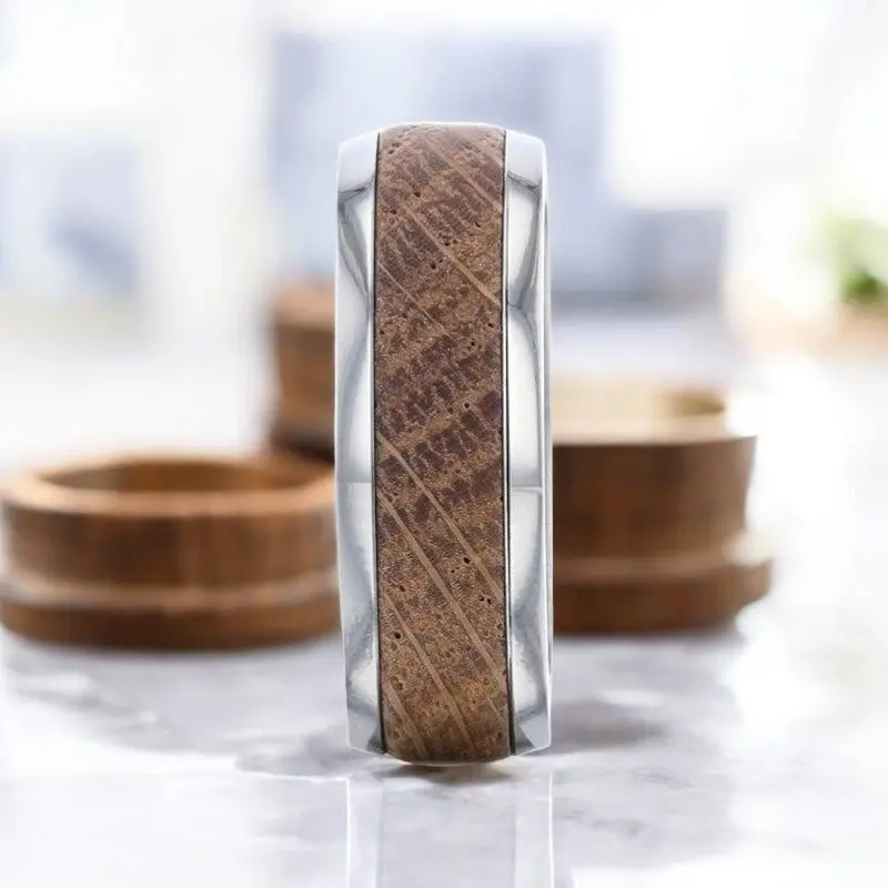 Stave | Silver Titanium Ring, Whiskey Barrel Wood Inlay, Domed 4
