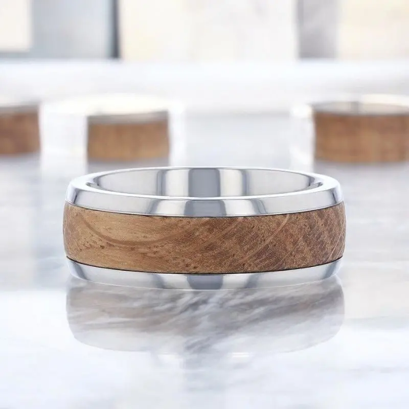 Stave | Silver Titanium Ring, Whiskey Barrel Wood Inlay, Domed 5