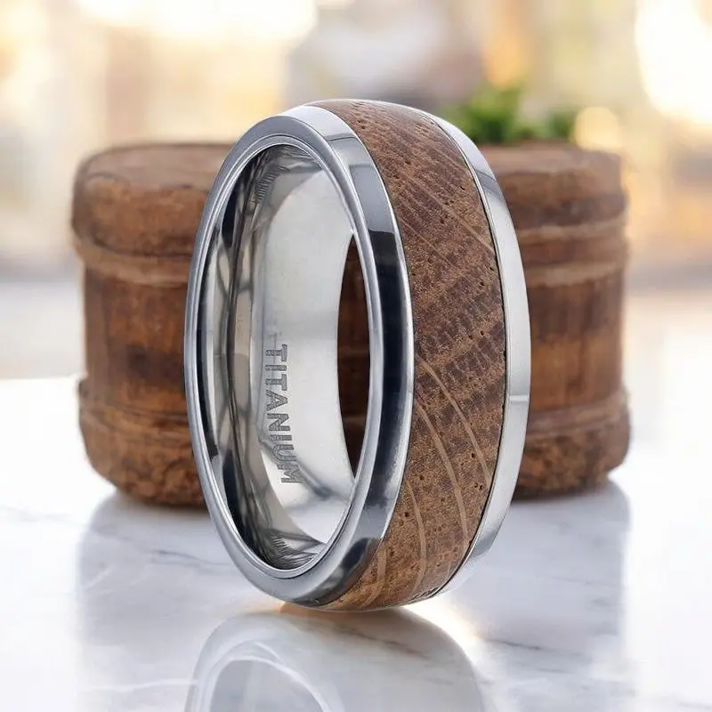 Stave | Silver Titanium Ring, Whiskey Barrel Wood Inlay, Domed 1