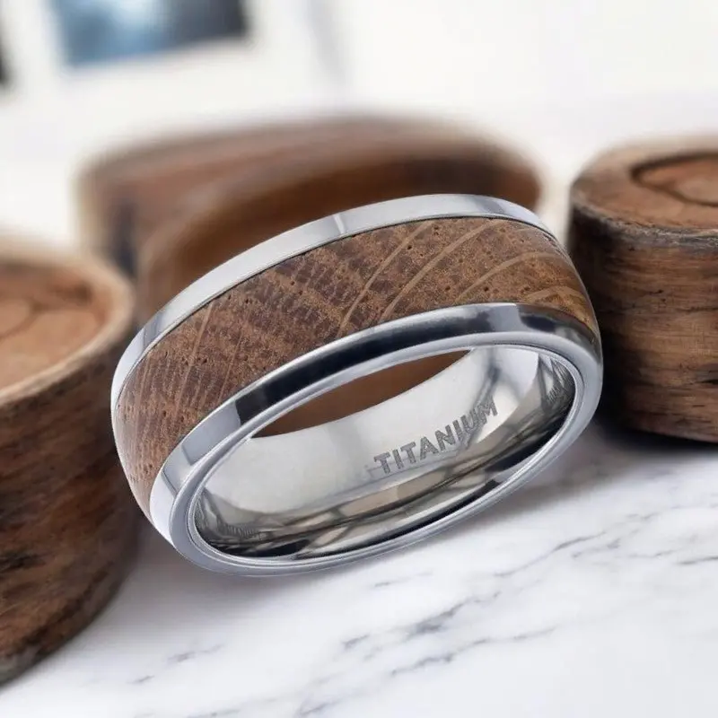 Stave | Silver Titanium Ring, Whiskey Barrel Wood Inlay, Domed 2