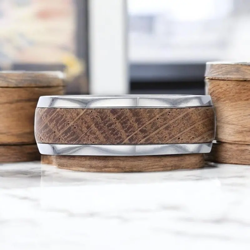 Stave | Silver Titanium Ring, Whiskey Barrel Wood Inlay, Domed 3