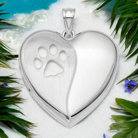 Sterling Silver Satin/Pol Paw Prints Ash Holder Heart Locket - Pet Memorial Keepsake Jewelry 1