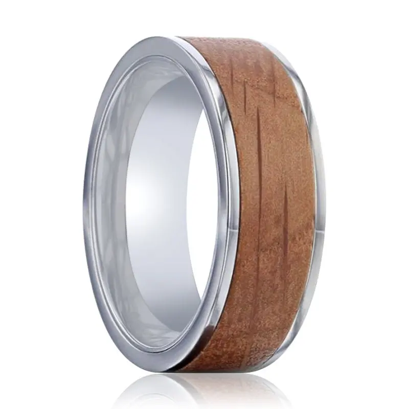 Still | Silver Titanium Ring, Whiskey Barrel Wood Inlay, Flat 1